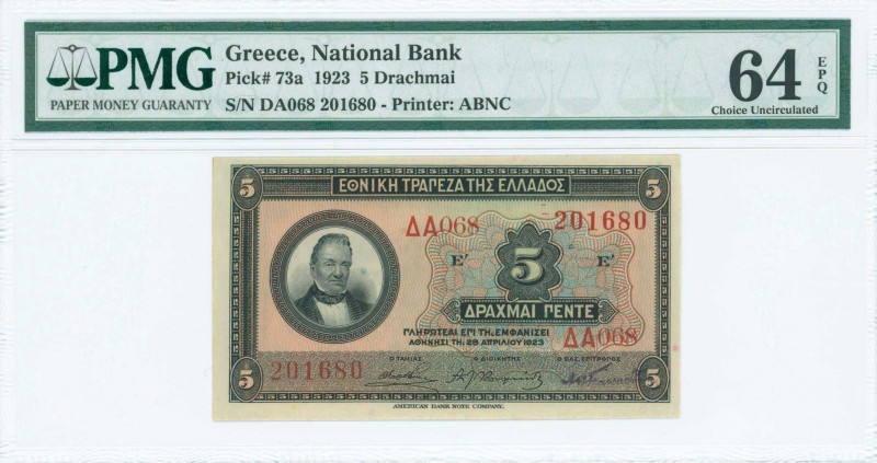 GREECE: 5 Drachmas (28.4.1923) in black on green and multicolor unpt with portra...