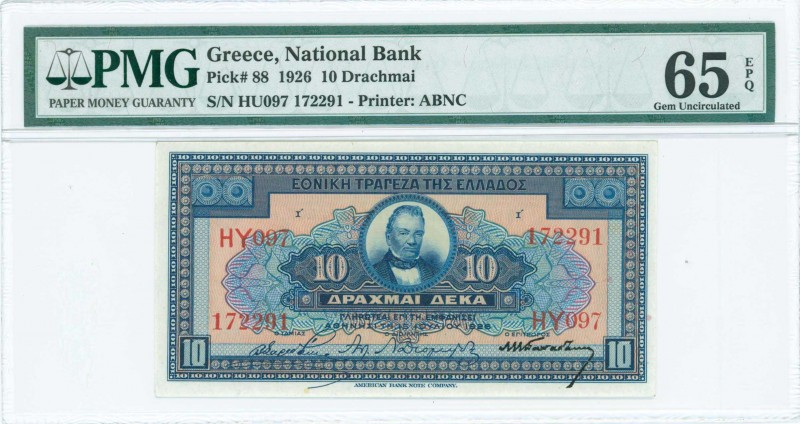 GREECE: 10 Drachmas (15.7.1926) in blue on yellow and orange unpt with portrait ...