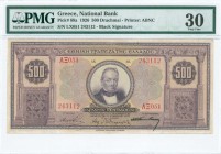 GREECE: 500 Drachmas (12.11.1926) in purple on multicolor unpt with portrait of G Stavros at center. S/N: "ΛΞ051 243112". Printed by ABNC. Inside hold...