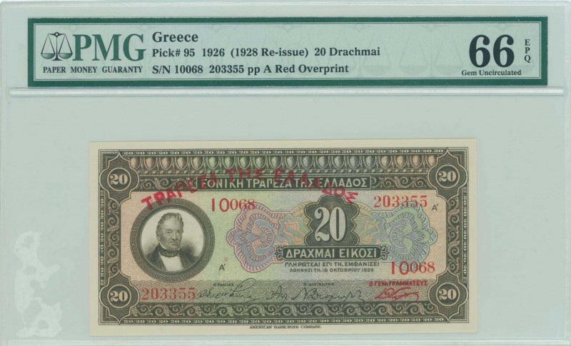 GREECE: 20 Drachmas (19.10.1926) in brown on multicolor unpt with portrait of G ...