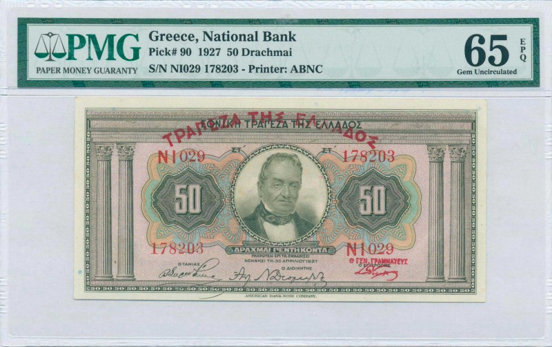 GREECE: 50 Drachmas (30.4.1927) in light brown on multicolor unpt with portrait ...