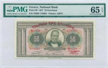 GREECE: 50 Drachmas (30.4.1927) in light brown on multicolor unpt with portrait of G Stavros at center. Red ovpt "ΤΡΑΠΕΖΑ ΤΗΣ ΕΛΛΑΔΟΣ" (on Hellas #108...