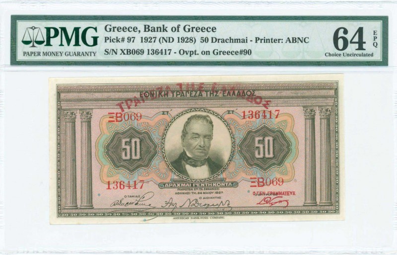 GREECE: 50 Drachmas (24.5.1927) in light brown on multicolor with portrait of G ...