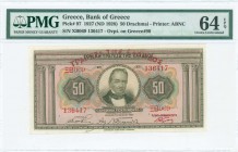 GREECE: 50 Drachmas (24.5.1927) in light brown on multicolor with portrait of G Stavros at center. S/N: "ΞΒ069 136417". Red ovpt "ΤΡΑΠΕΖΑ ΤΗΣ ΕΛΛΑΔΟΣ"...