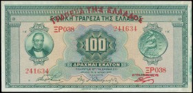 GREECE: 3x 100 Drachmas (6.6.1927) in green on multicolor unpt with portrait of G Stavros at left and ancient coin of Delphi at right. Red ovpt "ΤΡΑΠΕ...