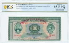 GREECE: 100 Drachmas (14.6.1927) in green on multicolor unpt with portrait of G Stavros at left. Red ovpt "ΤΡΑΠΕΖΑ ΤΗΣ ΕΛΛΑΔΟΣ" (on Hellas #109c). S/N...