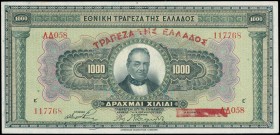 GREECE: 4x 1000 Drachmas (4.11.1926) in black on green and multicolor unpt with portrait of G Stavros at center. Red ovpt "ΤΡΑΠΕΖΑ ΤΗΣ ΕΛΛΑΔΟΣ" (on He...