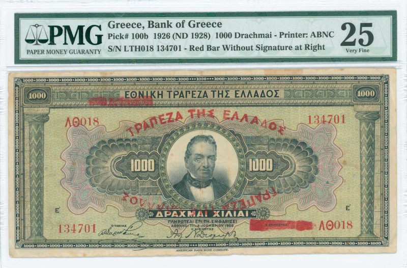 GREECE: 1000 Drachmas (4.11.1926) in black on green and multicolor unpt with por...
