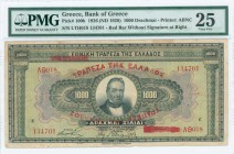 GREECE: 1000 Drachmas (4.11.1926) in black on green and multicolor unpt with portrait of G Stavros at center. Red ovpt "ΤΡΑΠΕΖΑ ΤΗΣ ΕΛΛΑΔΟΣ" twice pri...