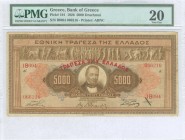 GREECE: 5000 Drachmas (5.10.1926) in brown on multicolor unpt with frieze at top and portrait of G Stavros at center. Red ovpt "ΤΡΑΠΕΖΑ ΤΗΣ ΕΛΛΑΔΟΣ" (...