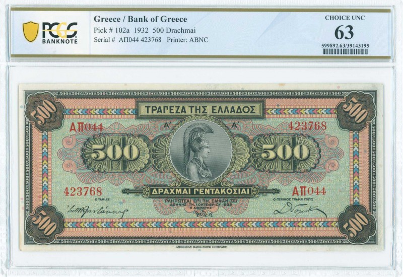 GREECE: 500 Drachmas (1.10.1932) in multicolor with Goddess Athena at center. S/...