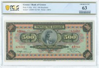 GREECE: 500 Drachmas (1.10.1932) in multicolor with Goddess Athena at center. S/N: "ΑΠ044 423768". Printed by ABNC. Inside holder by PCGS "CHOICE UNC ...