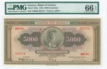 GREECE: 5000 Drachmas (1.9.1932) in brown on multicolor unpt with Goddess Athena at center. S/N: "ΑK005 955374". Printed by ABNC. Inside holder by PMG...