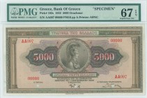 GREECE: Specimen of 5000 Drachmas (1.9.1932) in brown on multicolor with Goddess Athena at center. Two Red ovpts "SPECIMEN" over values and three canc...