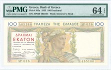GREECE: 100 Drachmas (1.9.1935) in multicolor with God Hermes at center. S/N: "ΑΡ036 465166". WMK: Goddess Demeter. Printed in France. Inside holder b...
