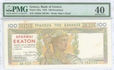 GREECE: 100 Drachmas (1.9.1935) in multicolor with Hermes at center. S/N: "AE059 182706". Variety: Commanders signature fainted. WMK: Goddess Demeter....