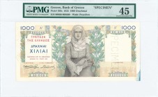 GREECE: Specimen of 1000 Drachmas (1.5.1935) in multicolor with young girl wearing traditional costume from Spetses at center. Vertical perfin "SPECIM...