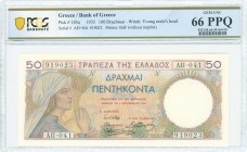 GREECE: Set of 50 Drachmas (1.9.1935), 100 Drachmas (1.9.1935) & 1000 Drachmas (1.5.1935). S/N: "ΑΠ041 919023", "ΑΟ058 281316" & "ΑΚ005 767829" respec...