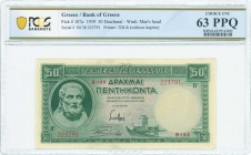 GREECE: 50 Drachmas (1.1.1939) in green with Hesiod at left and the White Tower of Thessaloniki at bottom right center. Red S/N: "B138 223791". WMK: G...
