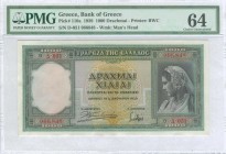 GREECE: 1000 Drachmas (1.1.1939) in green with girl in traditional Athenian costume at right. S/N: "Δ051 966848". WMK: Archaic head. Printed by BWC (w...