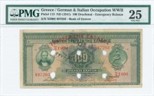 GREECE: 100 Drachmas (25.5.1927) of 1941 Emergency re-issue cancelled banknote with black box-cachet "ΤΡΑΠΕΖΑ ΤΗΣ ΕΛΛΑΔΟΣ" on face and six cancellatio...