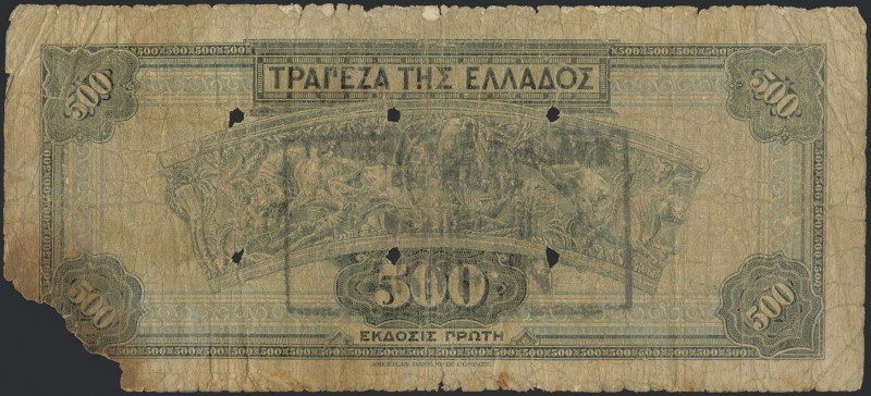 GREECE: 500 Drachmas (1.10.1932) of 1941 Emergency re-issue cancelled banknote w...