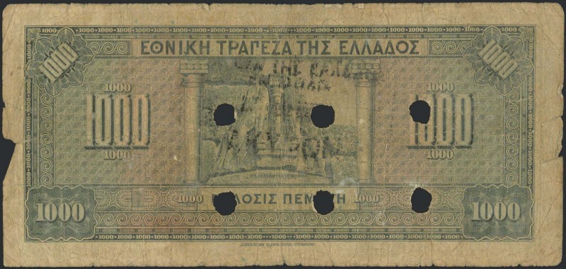 GREECE: 1000 Drachmas (15.10.1926) of 1941 Emergency re-issue cancelled banknote...