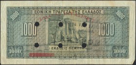 GREECE: 1000 Drachmas (4.11.1926) of 1941 Emergency re-issue cancelled banknote with black box-cachet "ΤΡΑΠΕΖΑ ΤΗΣ ΕΛΛΑΔΟΣ - ΕΝ ΔΡΑΜΑ" (Common) on bac...