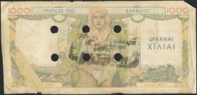 GREECE: 1000 Drachmas (1.5.1935) of 1941 Emergency re-issue cancelled banknote with black box-cachet "ΤΡΑΠΕΖΑ ΤΗΣ ΕΛΛΑΔΟΣ - ΕΝ ΘΕΣΣΑΛΟΝΙΚΗ" (Scarce) o...