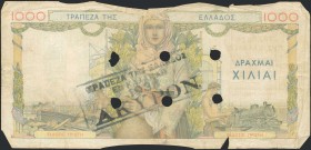GREECE: 1000 Drachmas (1.5.1935) of 1941 Emergency re-issue cancelled banknote with black box-cachet "ΤΡΑΠΕΖΑ ΤΗΣ ΕΛΛΑΔΟΣ - ΕΝ ΚΑΛΑΜΑΙΣ 1938" (Very co...