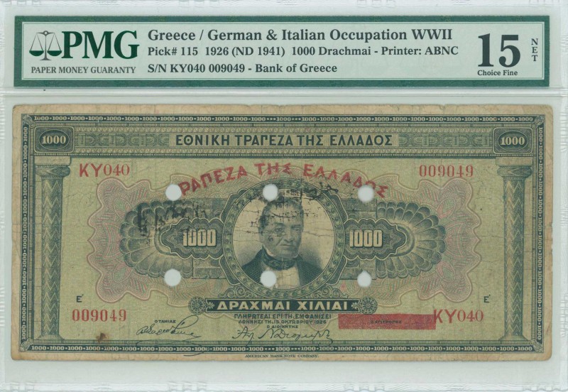 GREECE: 1000 Drachmas (15.10.1926) of 1941 Emergency re-issue cancelled banknote...