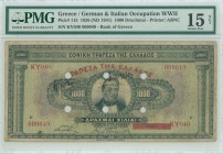 GREECE: 1000 Drachmas (15.10.1926) of 1941 Emergency re-issue cancelled banknote with black box-cachet "ΤΡΑΠΕΖΑ ΤΗΣ ΕΛΛΑΔΟΣ - ΥΠΟΚΑΤΑΣΤΗΜΑ ΚΕΡΚΥΡΑΣ 19...