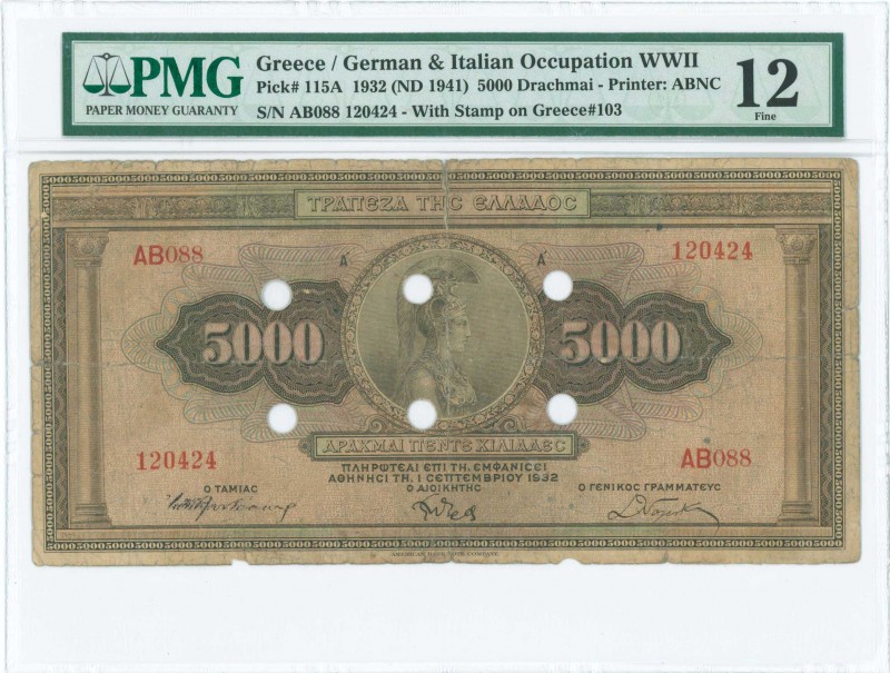 GREECE: 5000 Drachmas (1.9.1932) of 1941 Emergency re-issue cancelled banknote w...