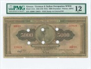GREECE: 5000 Drachmas (1.9.1932) of 1941 Emergency re-issue cancelled banknote with black box-cachet "ΤΡΑΠΕΖΑ ΤΗΣ ΕΛΛΑΔΟΣ - ΕΝ ΣΑΜΩ 1938" (Rare) on ba...