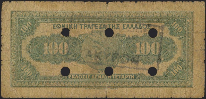 GREECE: 100 Drachmas (6.6.1927) of 1941 Emergency re-issue cancelled banknote wi...