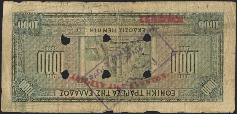 GREECE: 1000 Drachmas (15.10.1926) of 1941 Emergency re-issue cancelled banknote...