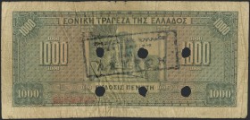 GREECE: 1000 Drachmas (15.10.1926) of 1941 Emergency re-issue cancelled banknote with black box-cachet "ΤΡΑΠΕΖΑ ΤΗΣ ΕΛΛΑΔΟΣ - ΕΝ ΦΛΩΡΙΝΗ" (Scarce) on ...