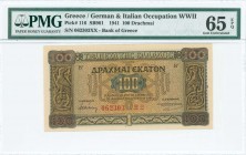 GREECE: 100 Drachmas (10.7.1941) in brown on orange and blue unpt with Byzantines decorations of bird friezes at left and right. Suffix S/N: "062303 Ξ...