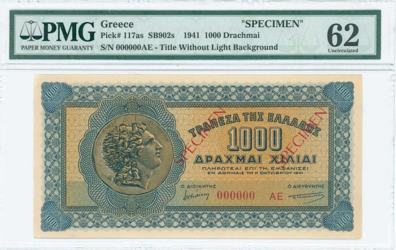 GREECE: Specimen of 1000 Drachmas (1.10.1941) in blue on orange unpt with Alexan...