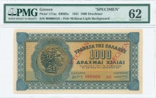 GREECE: Specimen of 1000 Drachmas (1.10.1941) in blue on orange unpt with Alexander the Great at left. S/N: "000000 AE". Title of back without backgro...