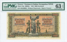 GREECE: 5000 Drachmas (20.6.1942) in black on orange, blue and green unpt with statue of Nike of Samothrace at center with worker and peasant at left ...