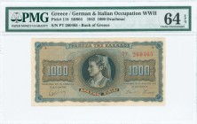 GREECE: 1000 Drachmas (21.8.1942) in black on blue and orange unpt with girl in traditional costume from Thasos at center. Prefix S/N: "ΠΤ 260465" of ...