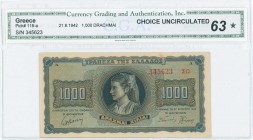 GREECE: 1000 Drachmas (21.8.1942) in black on blue and orange unpt with girl in traditional costume from Thasos at center. Suffix S/N: "345623 ΣΩ" of ...