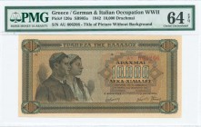 GREECE: 10000 Drachmas (29.12.1942) in black on blue, brown and orange unpt with couple of peasants at left. Prefix S/N: "AY 606266". Title of back wi...