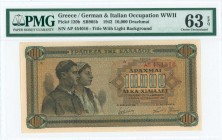 GREECE: 10000 Drachmas (29.12.1942) in black on blue, brown and orange unpt with couple of peasants at left. Prefix S/N: "ΑΠ 454016". Title of back on...