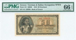 GREECE: 50 Drachmas (1.2.1943) in brown on blue and orange unpt with girl in traditional costume at left. S/N: "ΑΛ 128950". Printed in Athens. Inside ...