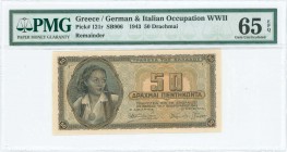 GREECE: Final proof of face and back of 50 Drachmas (1.2.1943) in brown on blue and orange unpt with girl in traditional costume at left. Printed in A...
