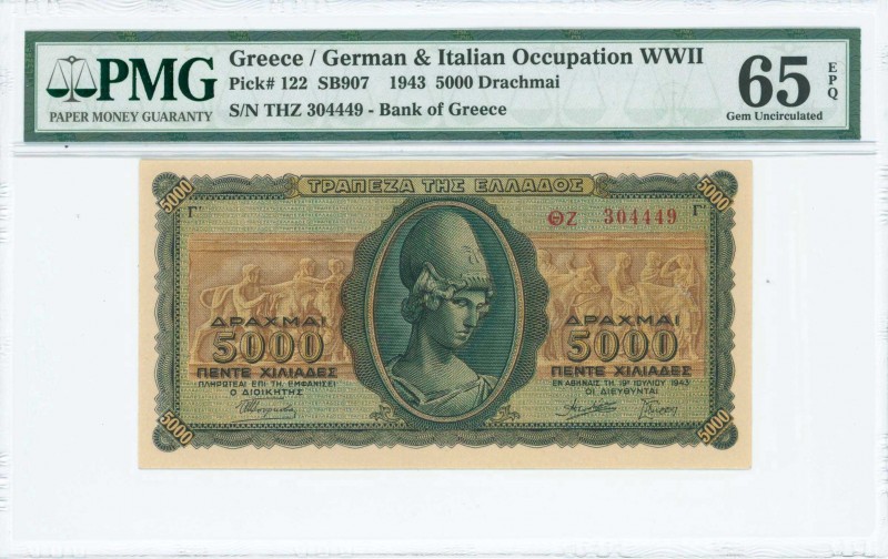 GREECE: 5000 Drachmas (19.7.1943) in green and brown with Goddess Athena at cent...