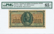 GREECE: 5000 Drachmas (19.7.1943) in green and brown with Goddess Athena at center. Prefix S/N: "ΘΖ 304449" of 3,5mm height. Printed in Athens. Inside...