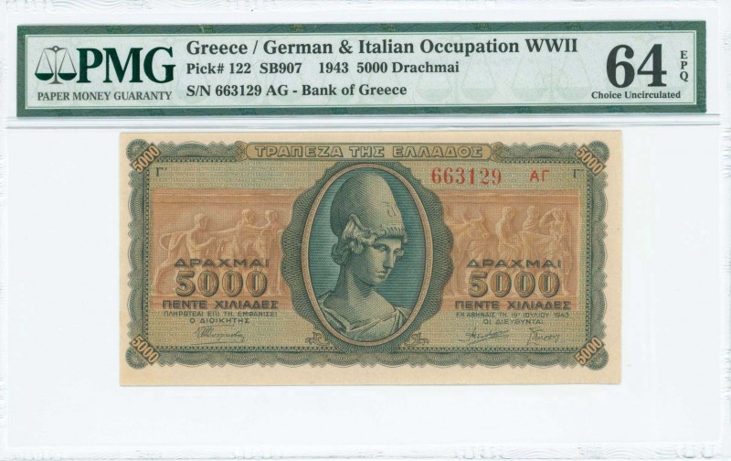GREECE: 5000 Drachmas (19.7.1943) in green and brown with Goddess Athena at cent...